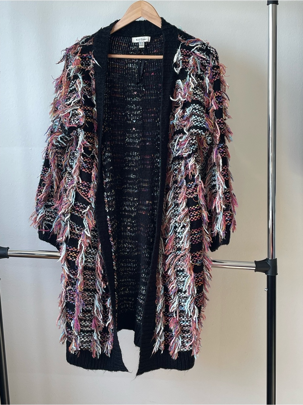 Wildflowers Black Open-Front Fringe Knit Cardigan with Pink & White Accents
